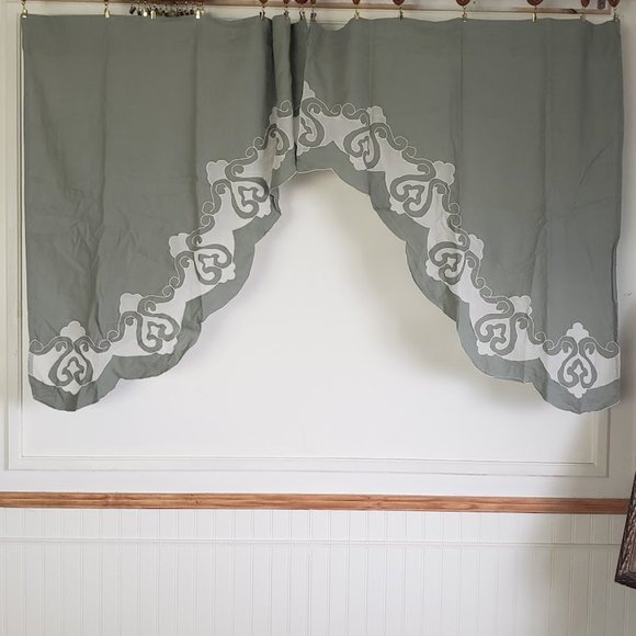 Vintage JC Penney Linen Swag Curtains with Sheer Inset 70 x 38 Sage Green - Picture 2 of 8